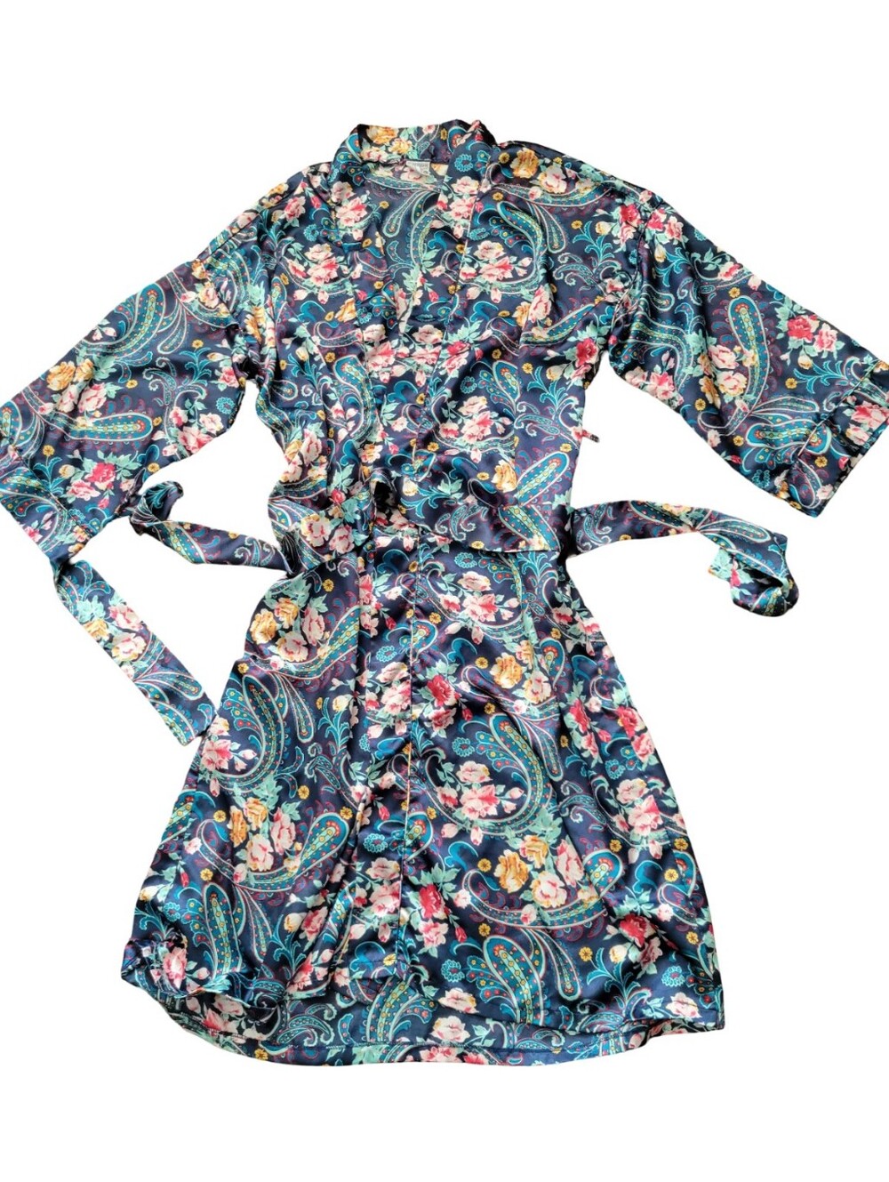 Vtg Kathryn Floral Paisley Satin Robe - Blue